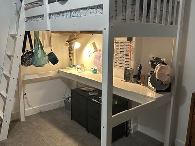 White Wooden Loft Bed with Built-in Desk