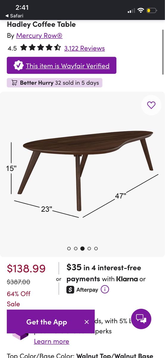 Wayfair Hadley Coffee Table Walnut Mid-Century Modern