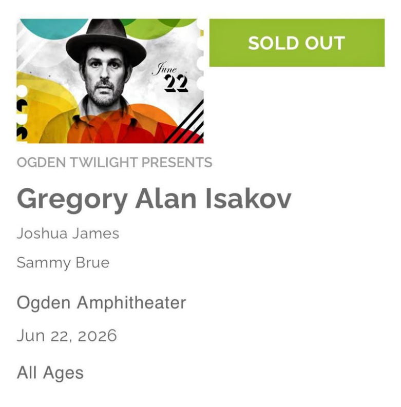 Gregory Alan Isakov Concert Ticket - Ogden Twilight - Single Ticket