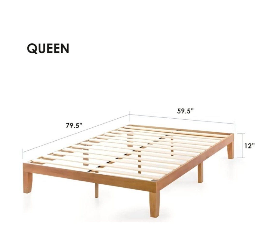 Queen bed Mellow Naturalista Classic - 12 Inch Solid Wood Platform Bed with Wooden Slats, No Box Spring Needed, Easy Assembly,Pi
