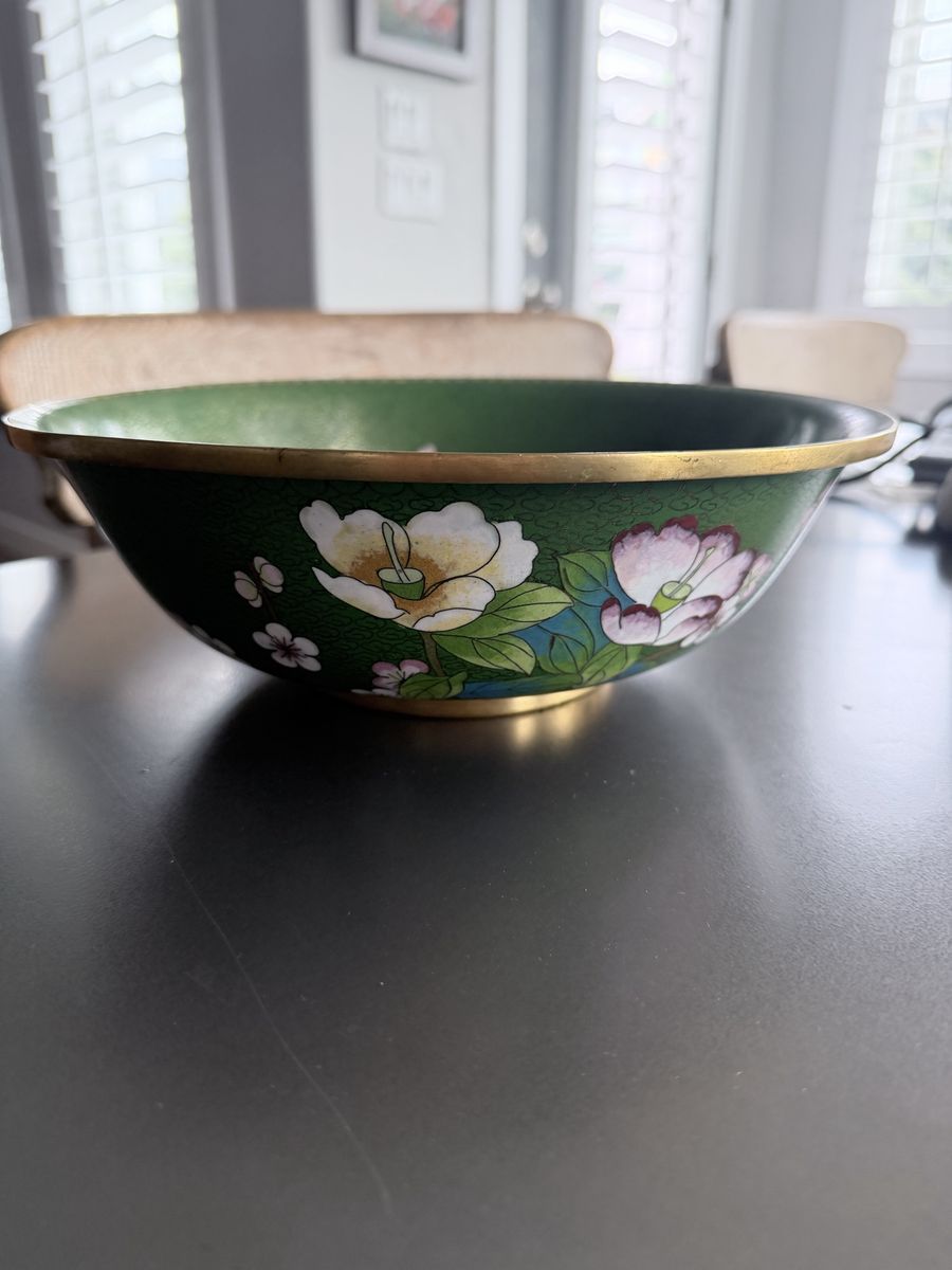 Vintage Cloisonne Bowl - Green Floral & Bird Design, 10” Diameter, Enamel on Brass