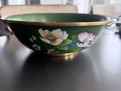 Vintage Cloisonne Bowl - Green Floral & Bird Design, 10” Diameter, Enamel on Brass