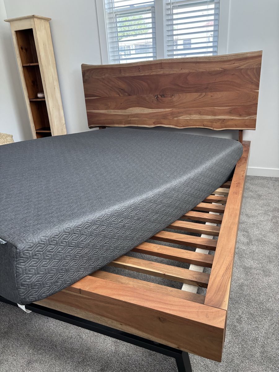 Downeaat Queen Solid Wood Bed Frame - Live Edge Headboard, Optional Mattress