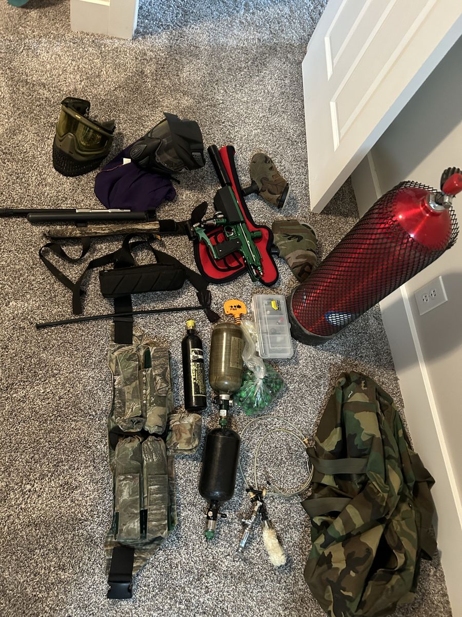 Paintball Gear Lot: Markers, Tanks, Masks, Camo Apparel, Pod Pack - Complete Setup