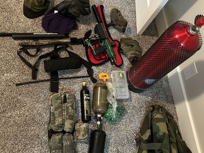 Paintball Gear Lot: Markers, Tanks, Masks, Camo Apparel, Pod Pack - Complete Setup