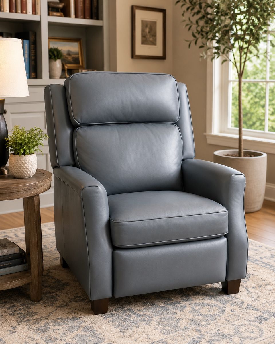 Barcalounger Blue-Gray Leather Recliner – Excellent Condition