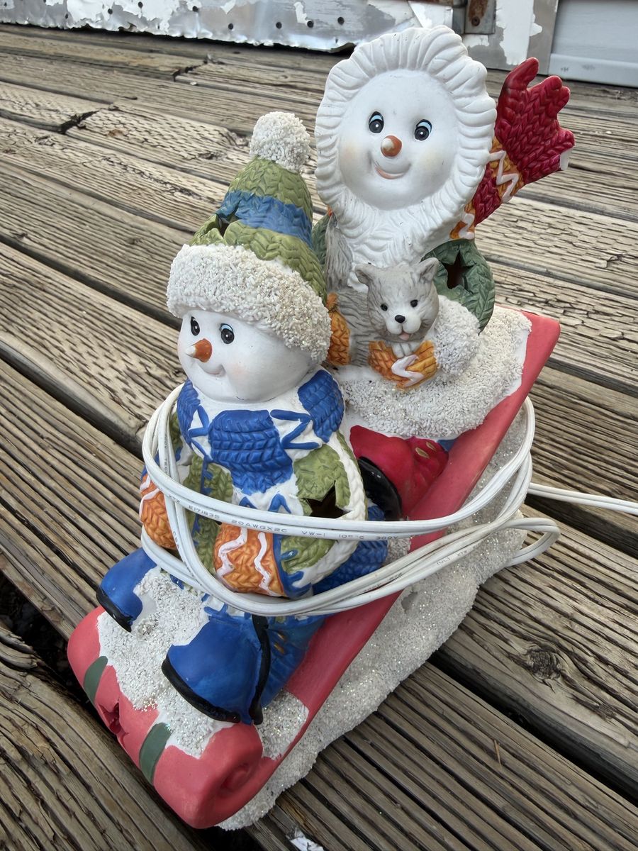 Vintage Lighted Ceramic Snowman Family Sled Tabletop Christmas Decoration