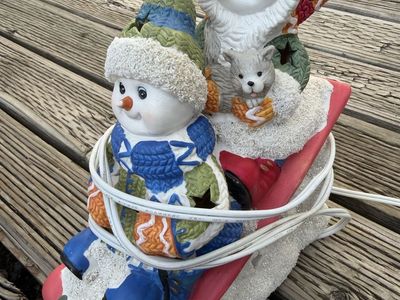 Vintage Lighted Ceramic Snowman Family Sled Tabletop Christmas Decoration