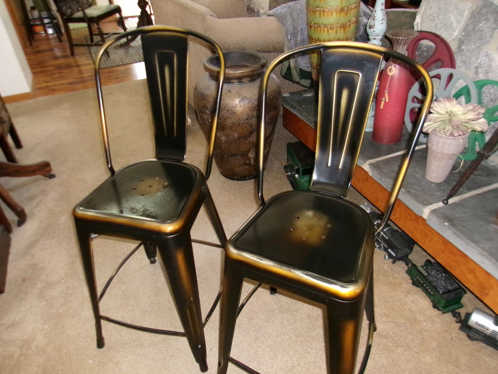 2 Industrial Black & Gold Metal Bar Stools - Distressed Finish, Counter Height