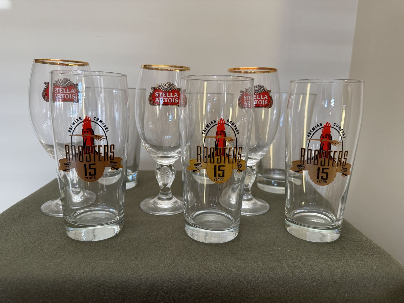 Lot of 9 Vintage Beer Glasses - Stella Artois, Roosters Brewing Co., plain Pint Pub Tumblers