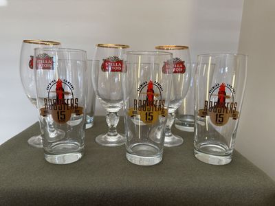 Lot of 9 Vintage Beer Glasses - Stella Artois, Roosters Brewing Co., plain Pint Pub Tumblers