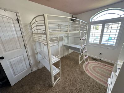 White Metal Loft Bed with Bookcase and Desk (Mattress Included)