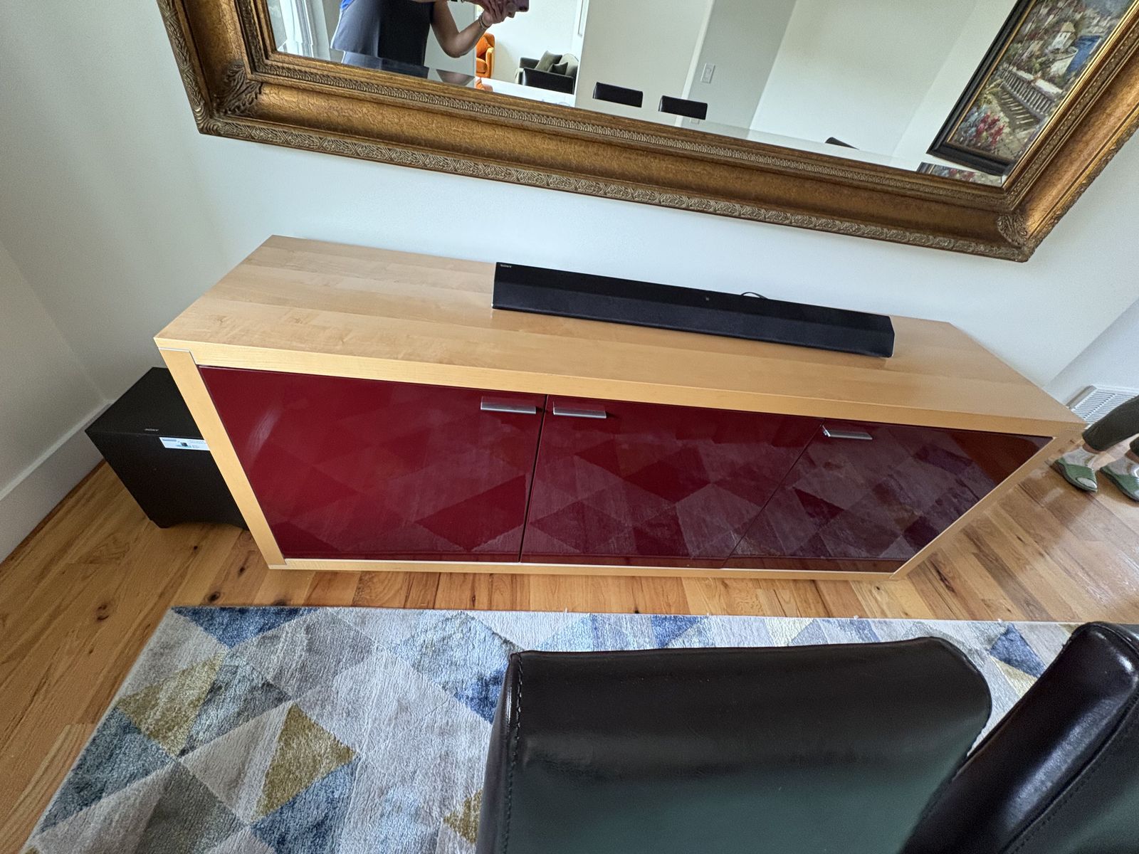 High gloss red sideboard console accent table with light wood frame. $250 cash/venmo in Draper