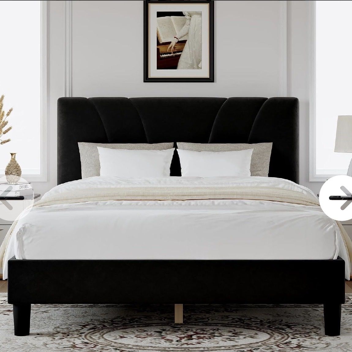King Size Platform Bed Frame with Upholstered Headboard black velvet