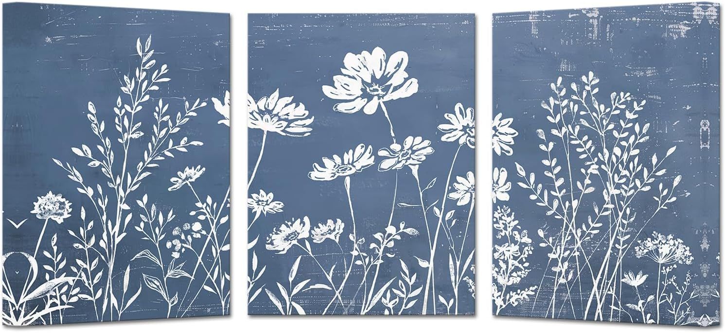 3 Piece 12" x 16" - Blue/White Wildflower Canvas Wrapped Wall Art