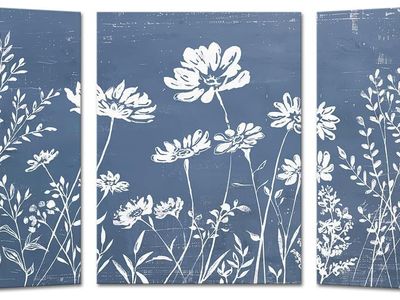 3 Piece 12" x 16" - Blue/White Wildflower Canvas Wrapped Wall Art
