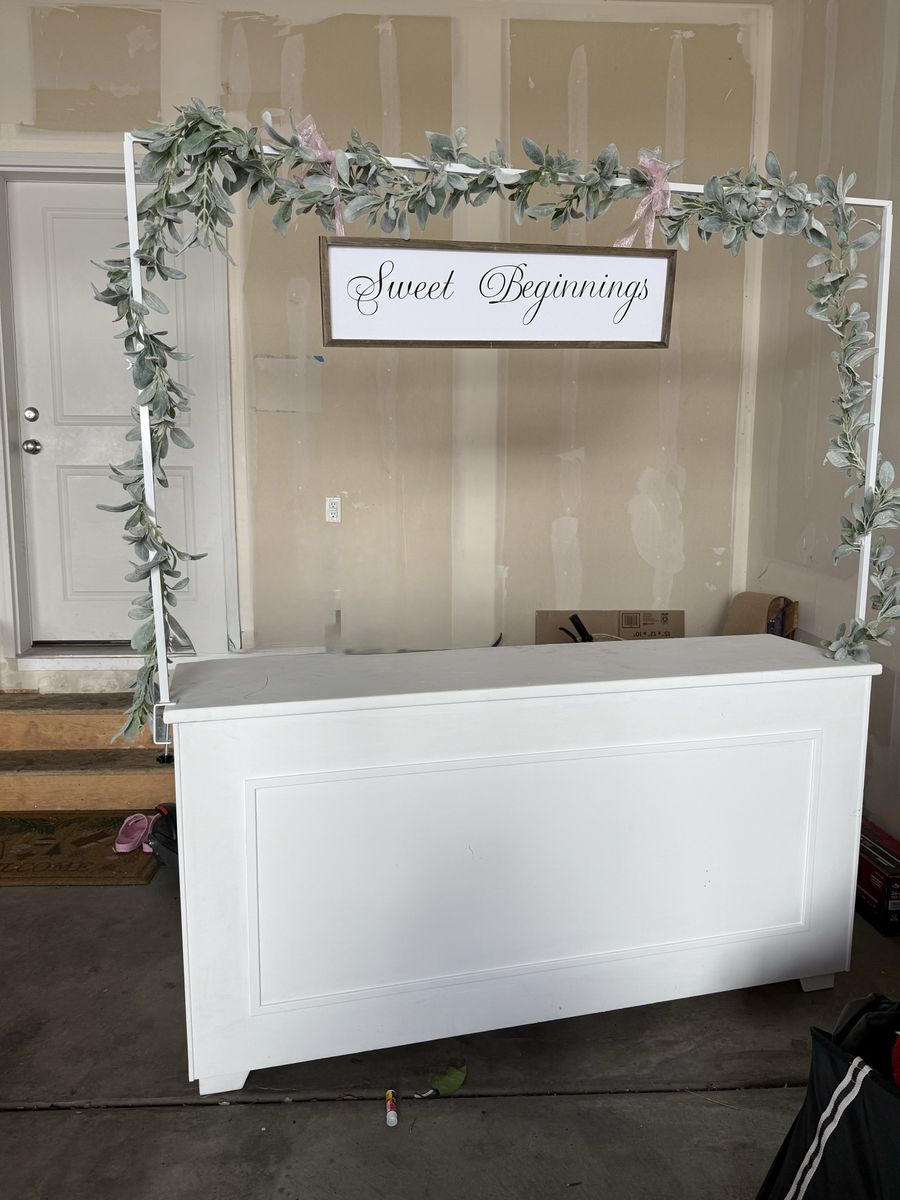 White "Sweet Beginnings" Display Cart / soda pop or Lemonade Stand with Garland Decor