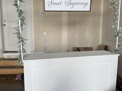 White "Sweet Beginnings" Display Cart / soda pop or Lemonade Stand with Garland Decor