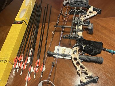 Diamond Infinite Edge Pro Compound Bow & Cabela's Arrows - Tactical Desert Camo, 5-65 lbs Draw Weight