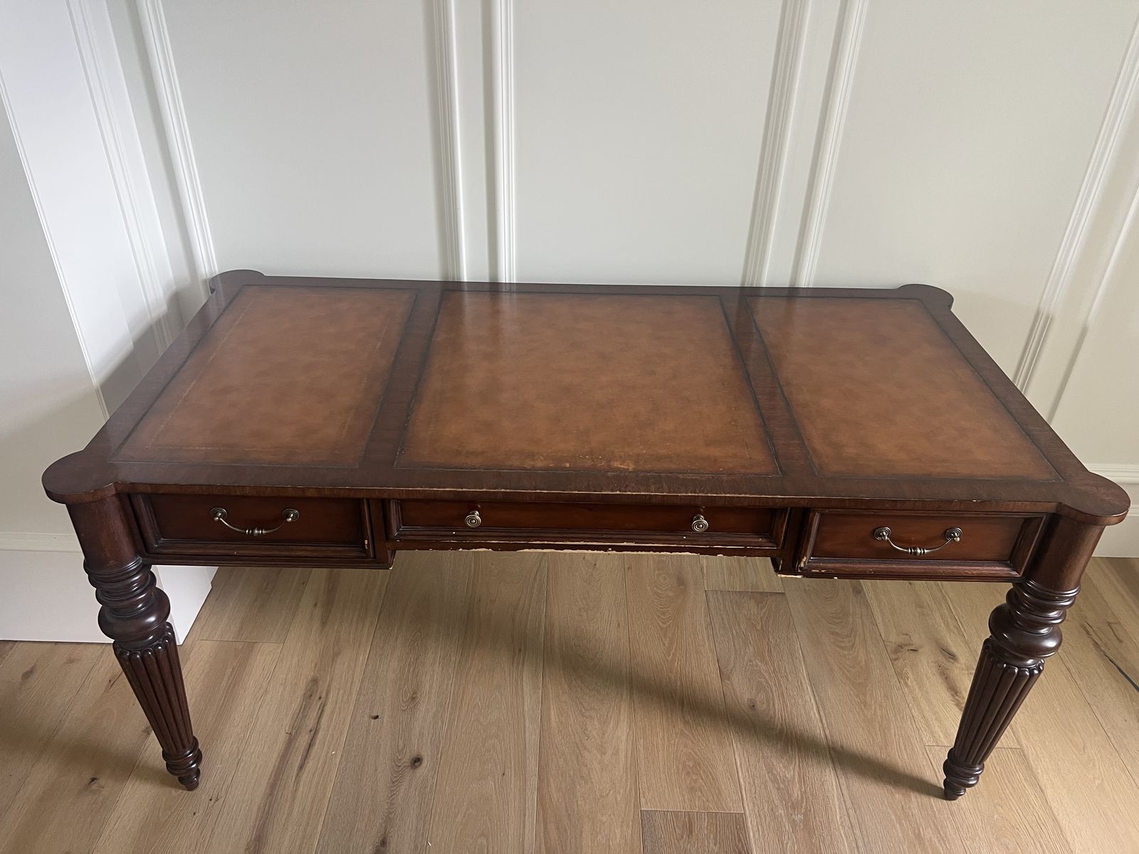 Ethan Allen Leather Top Writing Desk - 64" L x 32.5" W x 39" H