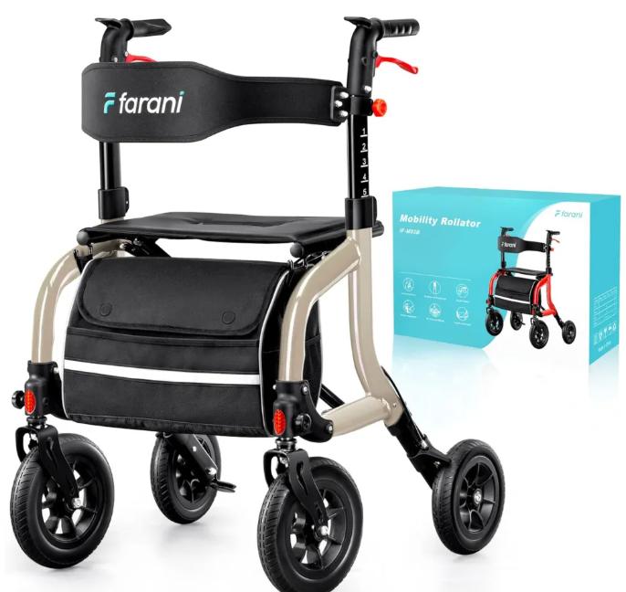 New Farani IF-M03B Outdoor Rollator Walker w/Seat, for Seniors - 10" Large Wheels, 300 lbs capcity