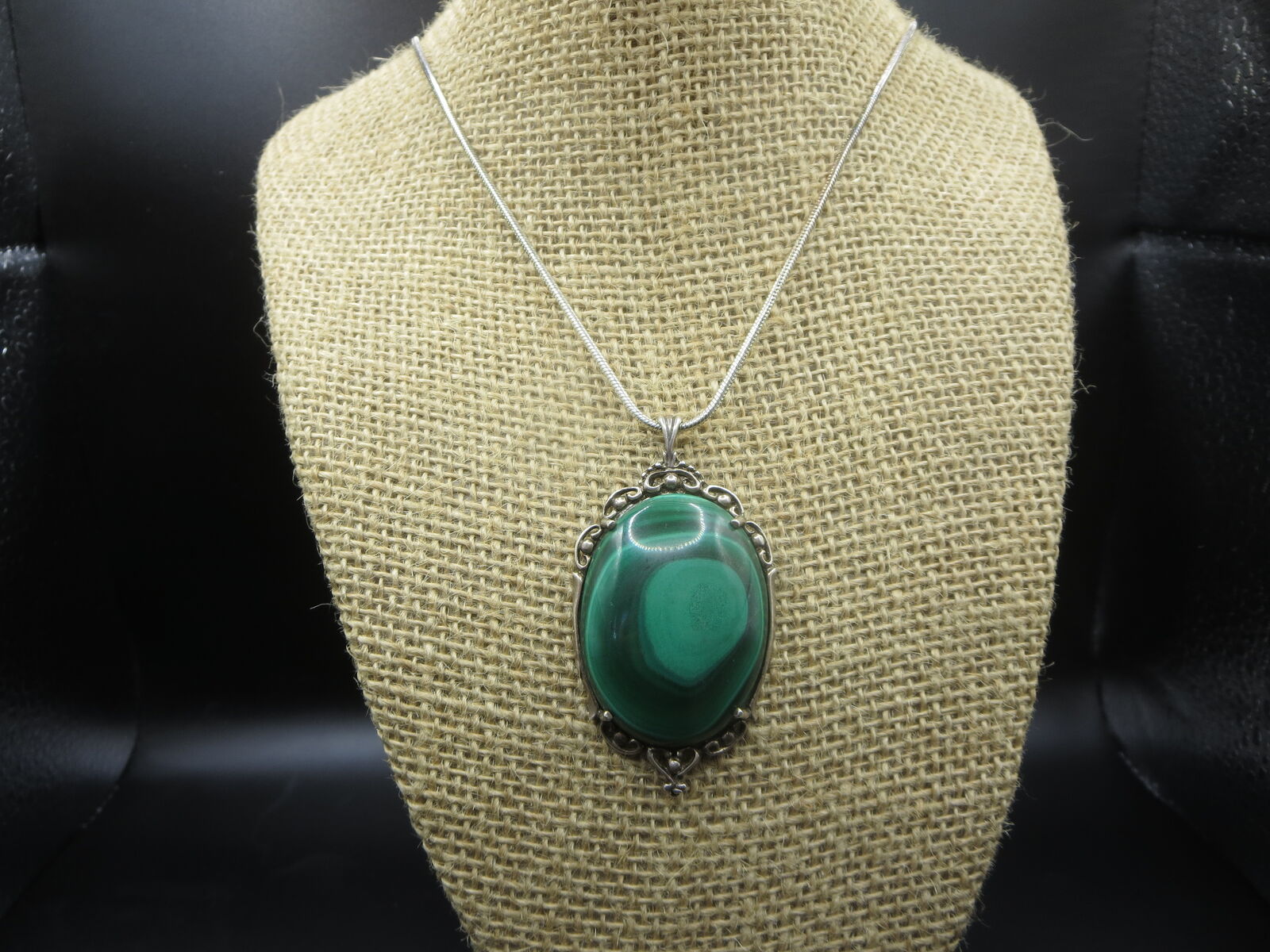 vintage sterling silver huge green malachite pendant NSN stamp