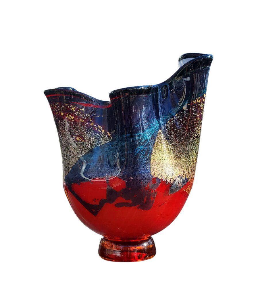 Chinoiserie Thames Glass Signed Ruffled Vase Bowl