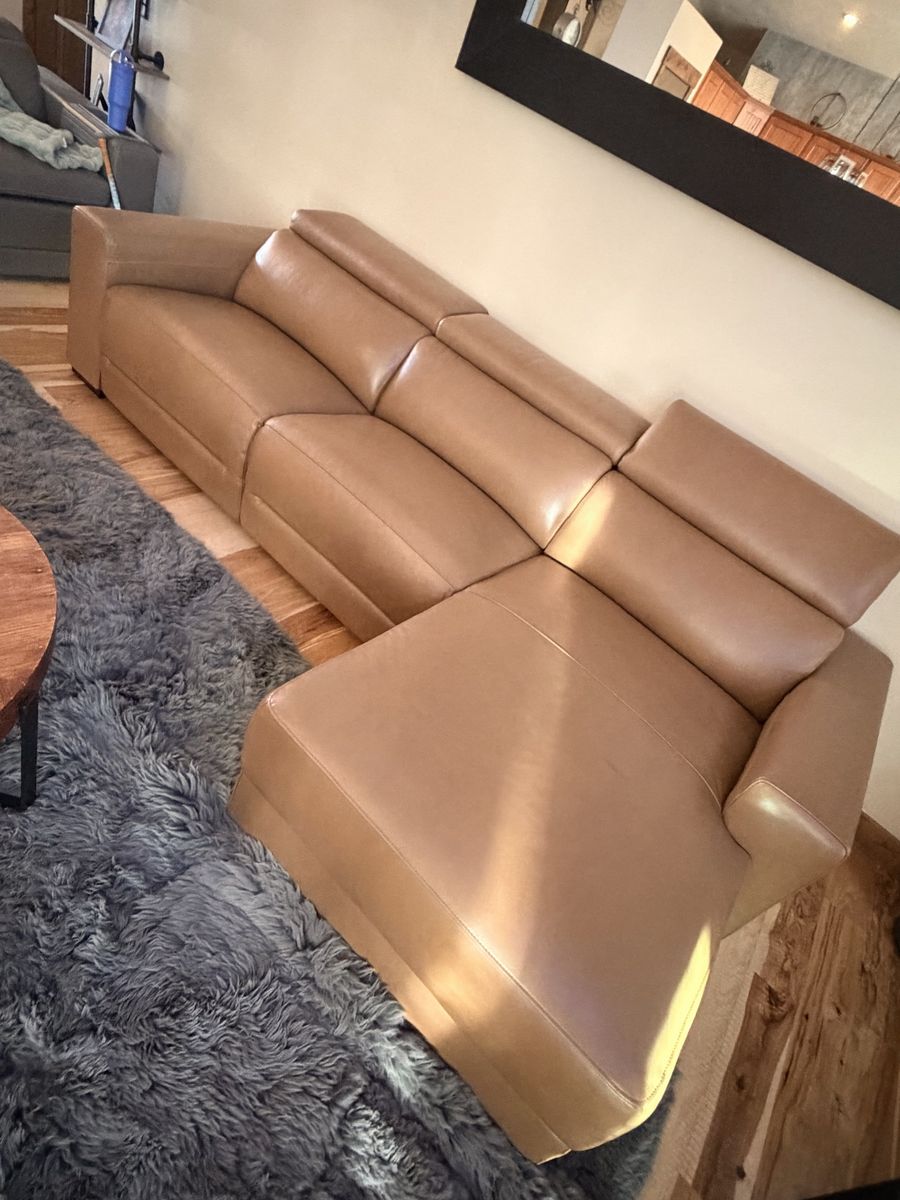 Macy's Butternut Leather Power Reclining Couch with Chaise & Adjustable Headrests