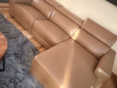 Macy's Butternut Leather Power Reclining Couch with Chaise & Adjustable Headrests