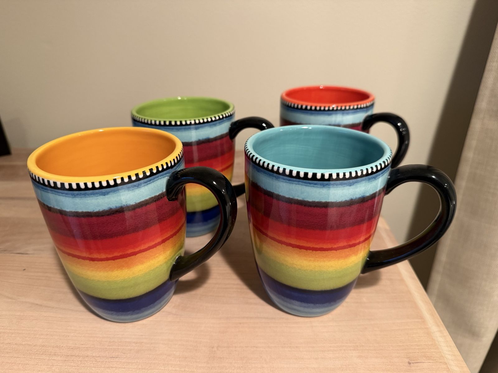 Set of 4 Dash of That Nancy Green Colorful Striped Ceramic Coffee Mugs