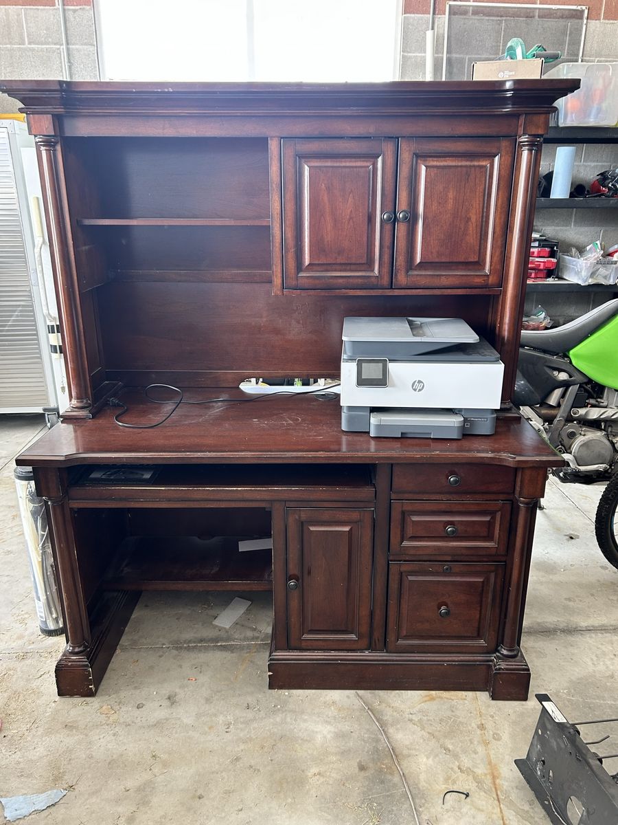 Dark Wood Desk with Hutch and Storage - Home Office Furniture