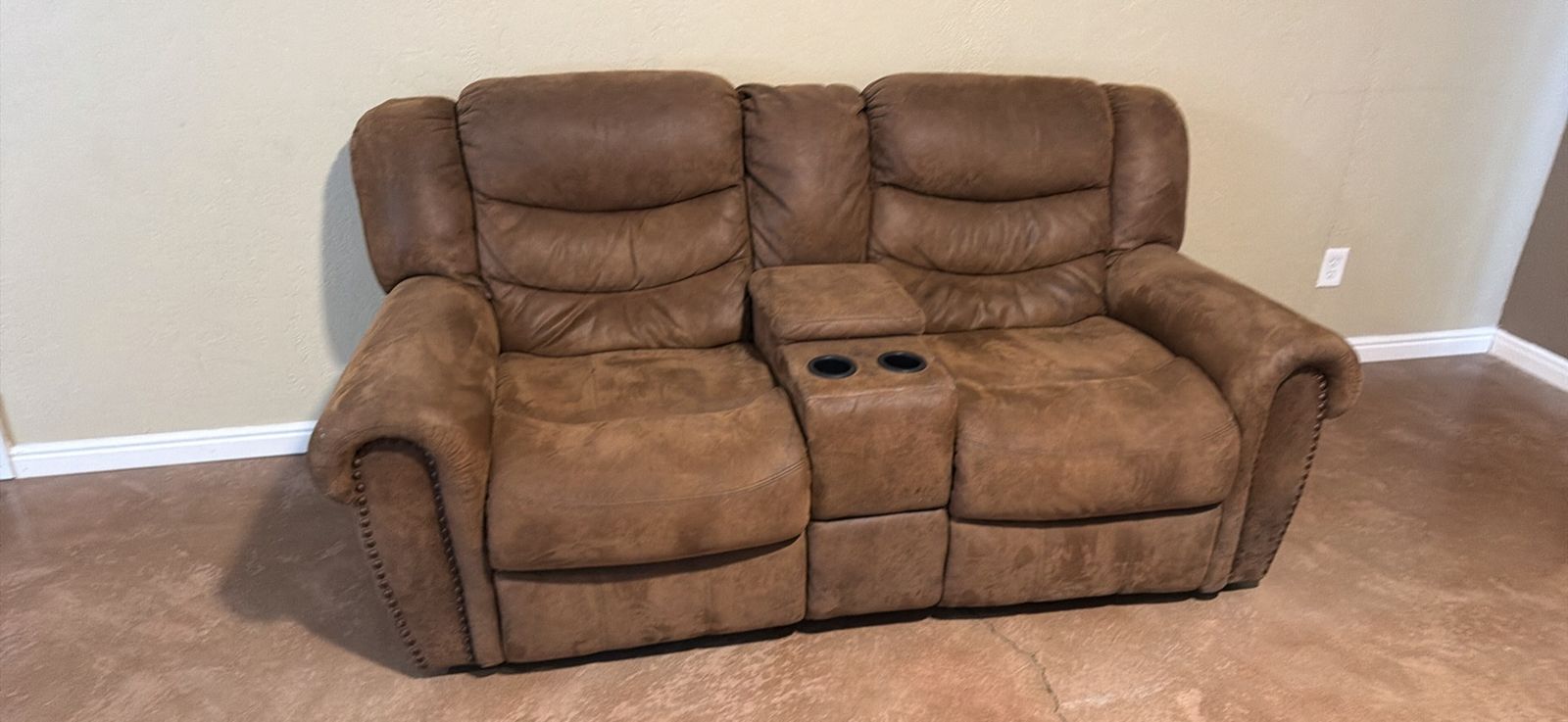 Brown Reclining Loveseat with Cupholders & Matching Three-Seater Couch Set - UsedGood