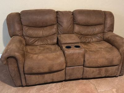 Brown Reclining Loveseat with Cupholders & Matching Three-Seater Couch Set - UsedGood