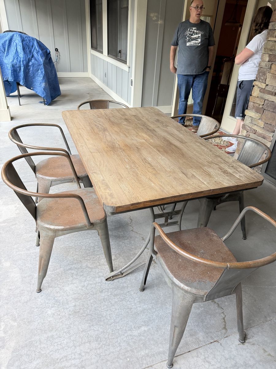 Industrial Style Outdoor Dining Set - Wood Top Table & 6 Metal Chairs, Patio Furniture