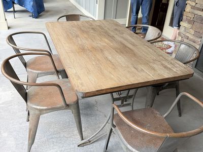 Industrial Style Outdoor Dining Set - Wood Top Table & 6 Metal Chairs, Patio Furniture