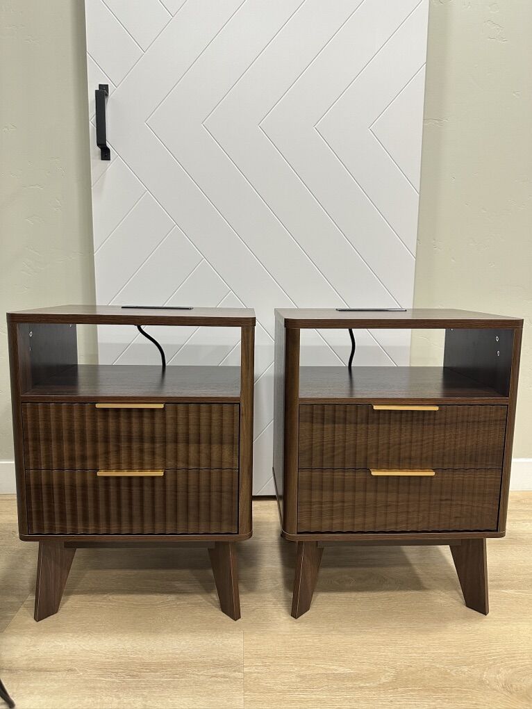 Brown Nightstand with Drawers And Charging Station