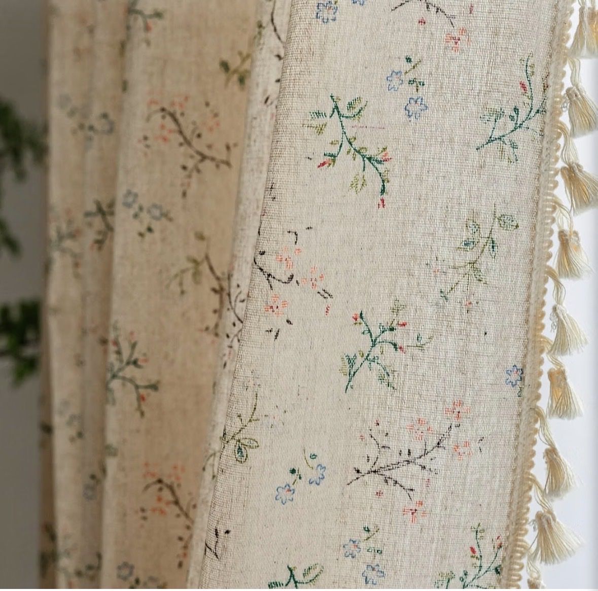 XOGUIBO Boho Light Filtering Curtains 63 Inches Long Beige Linen Blend 2 Panels with Tassels and Cotton Embroidery, Farmhouse