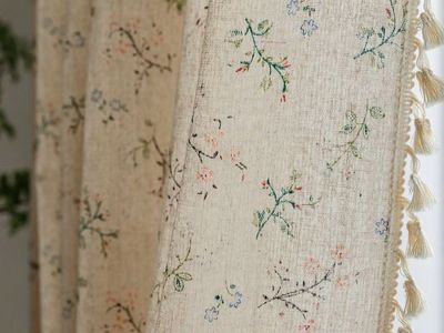 XOGUIBO Boho Light Filtering Curtains 63 Inches Long Beige Linen Blend 2 Panels with Tassels and Cotton Embroidery, Farmhouse