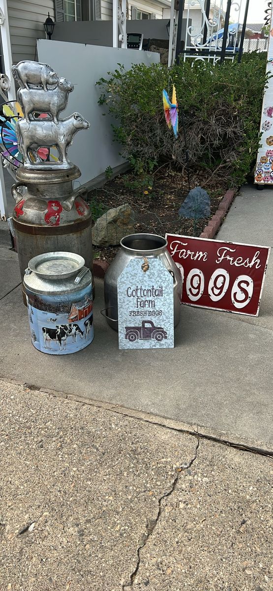 Rustic Farmhouse Decor Lot Vintage Milk Cans Metal Signs Animal Statue