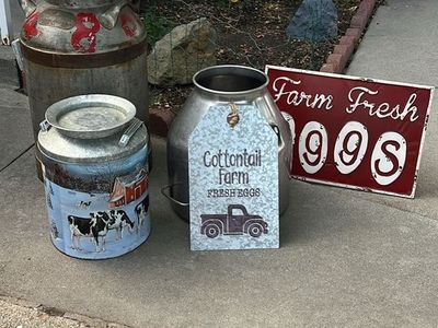 Rustic Farmhouse Decor Lot Vintage Milk Cans Metal Signs Animal Statue
