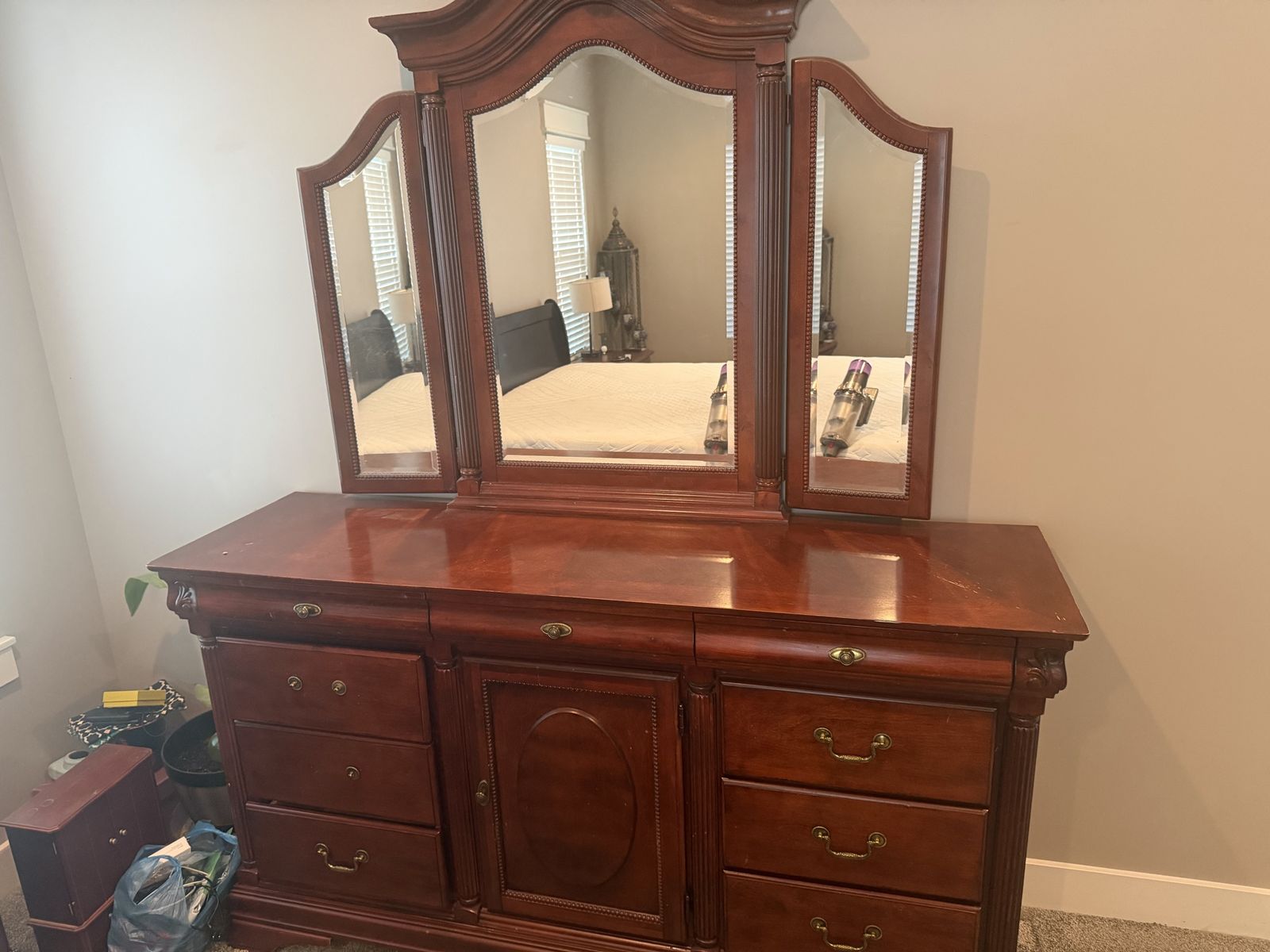 **FREE**Classic Wooden Dresser with Attached Tri-Fold Mirror and upright dresser. Free. Pick up only. Located in Kaysville 