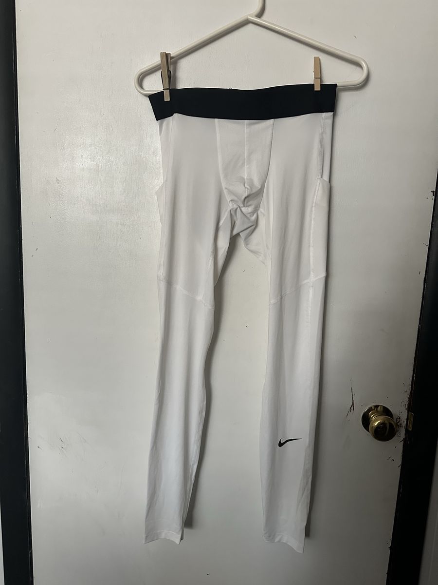 Nike Pro Men's White Compression Pants Tights with Black Waistband