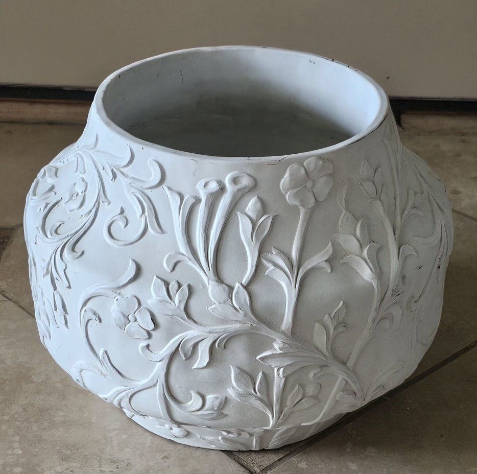Decorative White Embossed Floral Planter Pot - Large Indoor/Outdoor Vase 10"Tx8"Opening