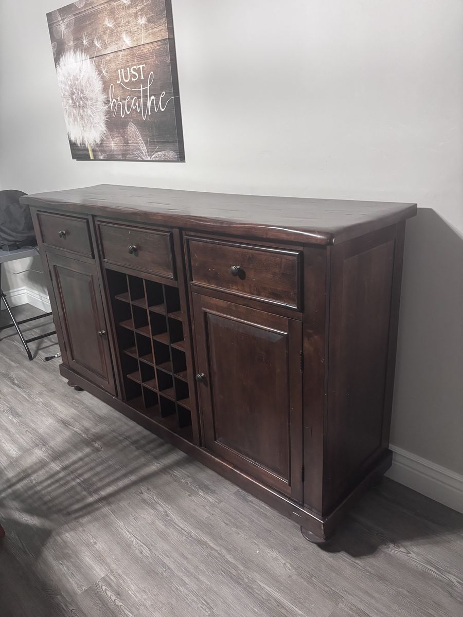 Dark Wood Buffet Cabinet with Wine Rack, Drawers, and Storage