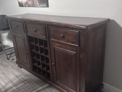 Dark Wood Buffet Cabinet with Wine Rack, Drawers, and Storage