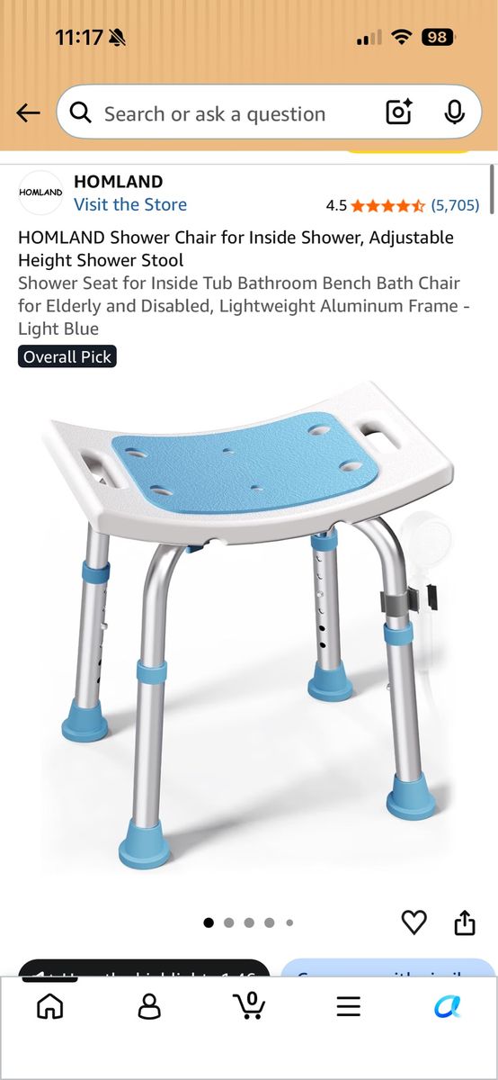 HOMLAND Adjustable Height Shower Chair Stool for Inside Tub - Light Blue