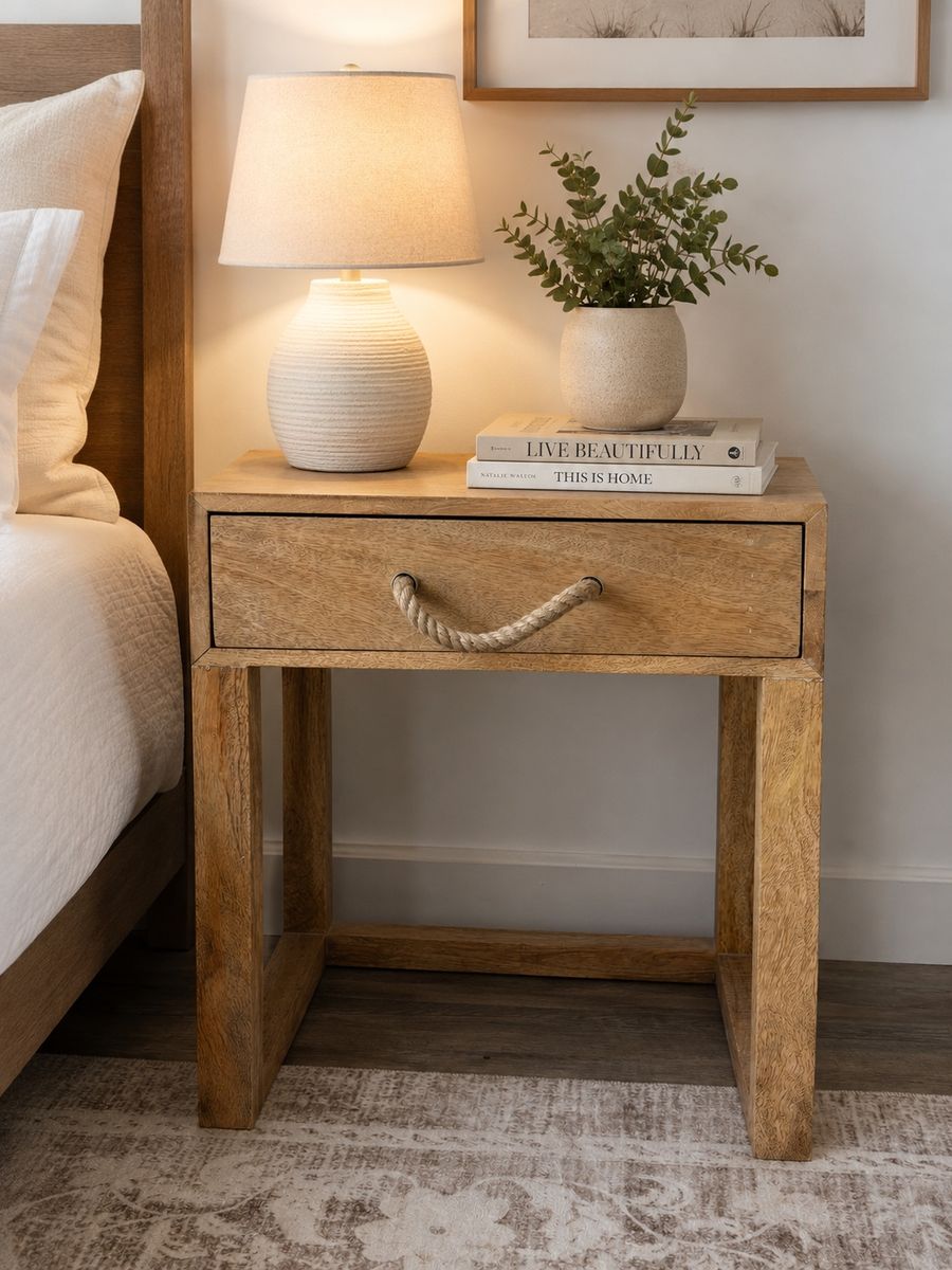 Solid Wood Rustic Nightstand | Modern Coastal Accent Table