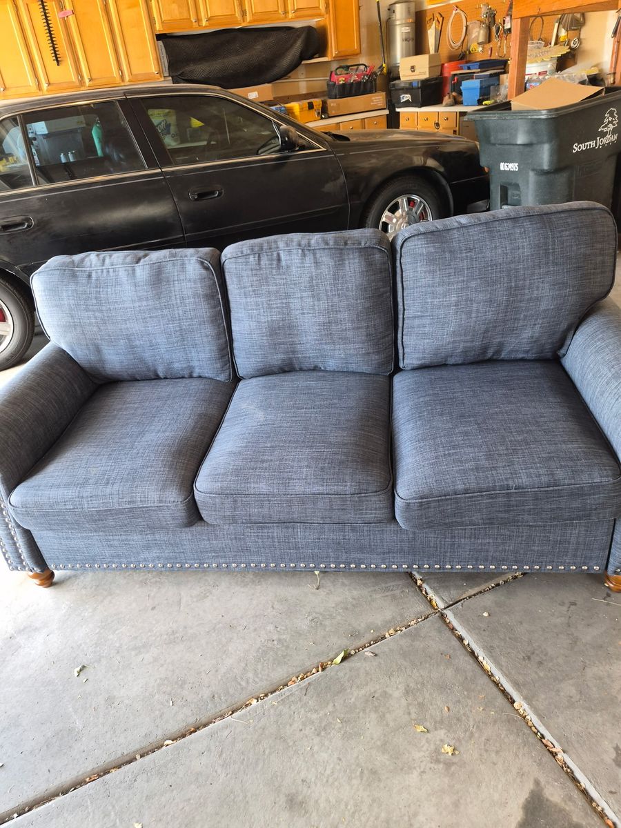Blue Fabric 3-Cushion Sofa with Nailhead Trim