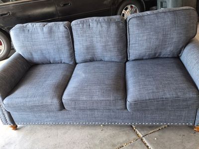 Blue Fabric 3-Cushion Sofa with Nailhead Trim