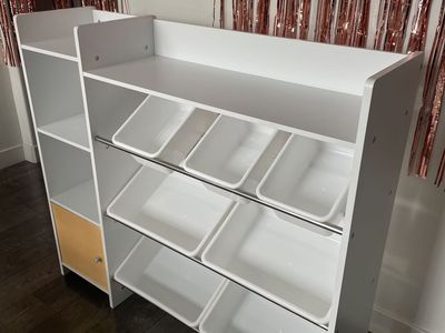 Wooden Storage With Bins And Shelving